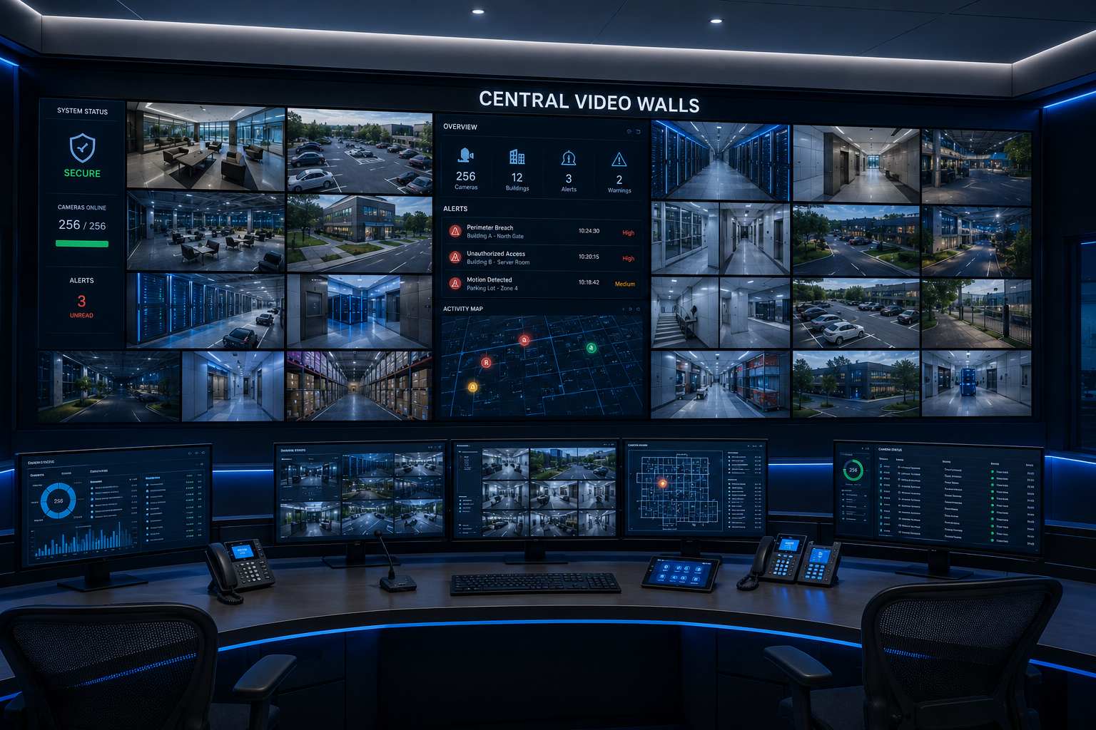 Security command center with a large multi-camera video wall, live alerts, and an activity map